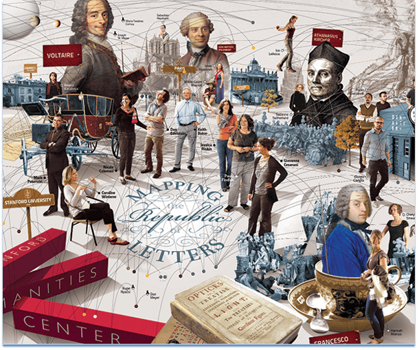 Detail from the Mapping the Republic of Letters website, showing several team members. Mapping the Republic of Letters is a collaborative project based at Stanford University and developed with the support of the Office of the President, Stanford Humanities Center, Center for Spatial and Textual Analysis, and the NEH. It explores new ways of analyzing and visualizing early modern scholarly networks, travel, and publications.