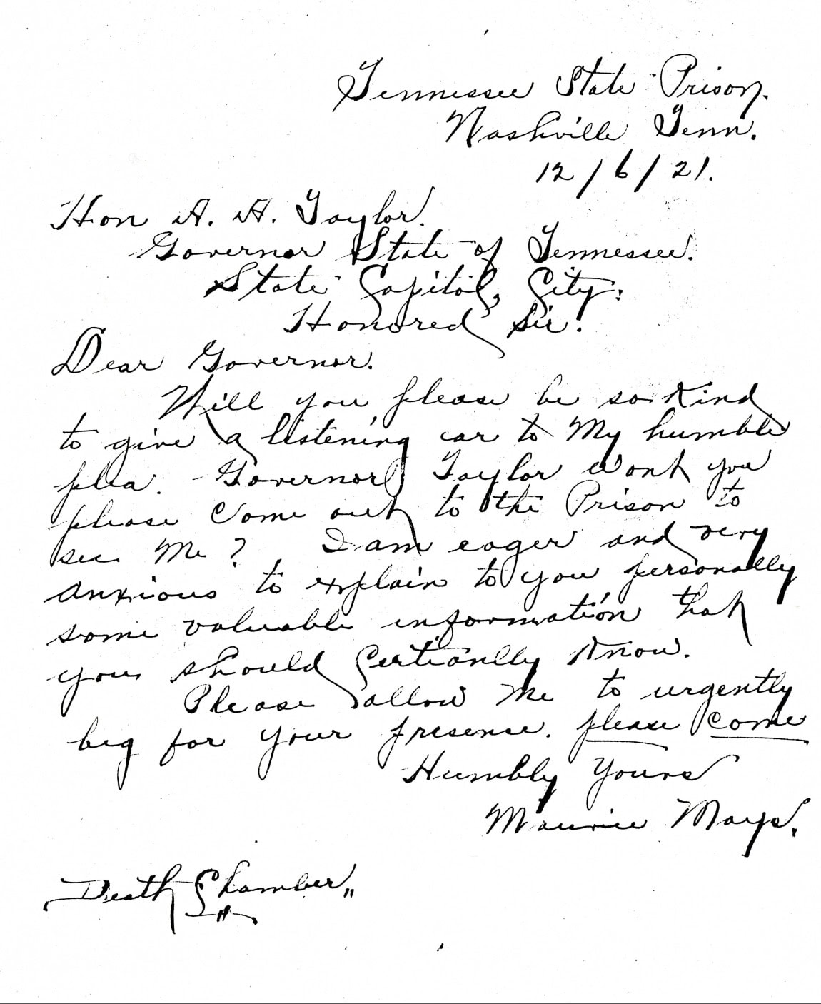 Maurice Mays, writing from death row at Tennessee State Prison, asks the governor, A. A. Taylor, for help with his case, maintaining his innocence.