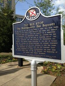 Historical plaque titled "The Bus Stop: The Montgomery Bus Boycott." Photo by Emily Swafford