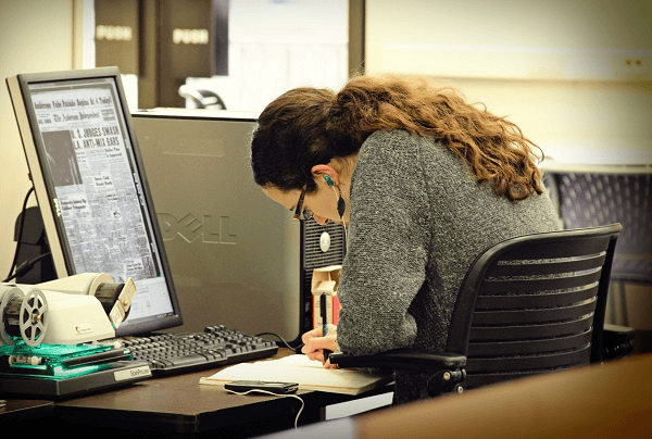 Historians still use microfilm readers to view sources. But access to commercial databases is now a more pressing concern. Clemson University/Flickr/CC BY-NC 2.0. Image cropped.