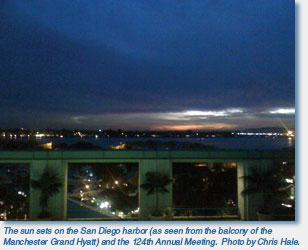 San Diego Sunset. Caption: the sun sets on the San Diego harbor (as seen from the balcony of the Manchester Grand Hyatt) and the 124th Annual Meeting. Photo by Chris Hale. 