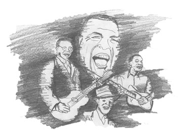 Legends of Chicago Blues (clockwise from top): Howlin’ Wolf (Chester Burnett), Muddy Waters (McKinley Morganfield), Big Bill (William) Broonzy, and Blind Lemon Jefferson. Art by Chris Hale.