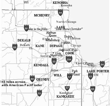 A map of the greater Chicago metropolitan area.