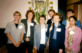 Some officers of the IFRWH. Left to right, Nancy Hewitt (outgoing vice president); Lynn Abrams (outgoing secretary-treasurer); Mary O'Dowd (incoming president); Karen Hunt (incoming secretary-treasurer); Pat Grimshaw (outgoing president); Pirjo Markkola (incoming vice president); and Shirin Akhtar (incoming board member). Photo courtesy .