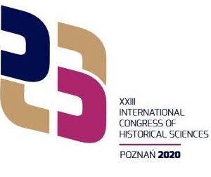 Navy, tan, and magenta logo for the twenty-third international congress of historical sciences