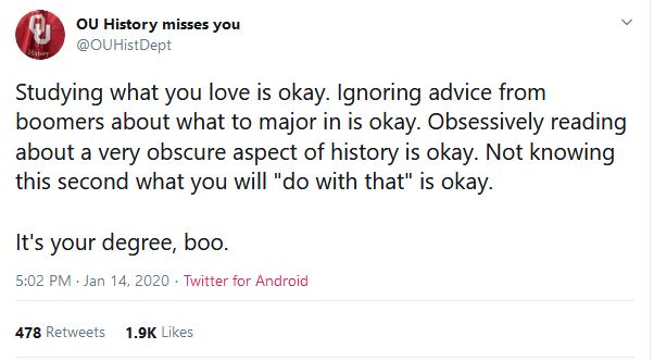 The history department at the University of Oklahoma's twitter account is popular among students.