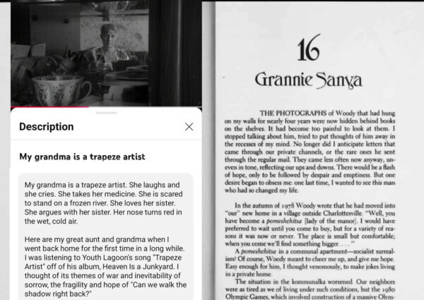 A still from Alisa Kuzmina’s video of her grandmother Nina alongside a page from Irina McCllelan's writings on her grandmother