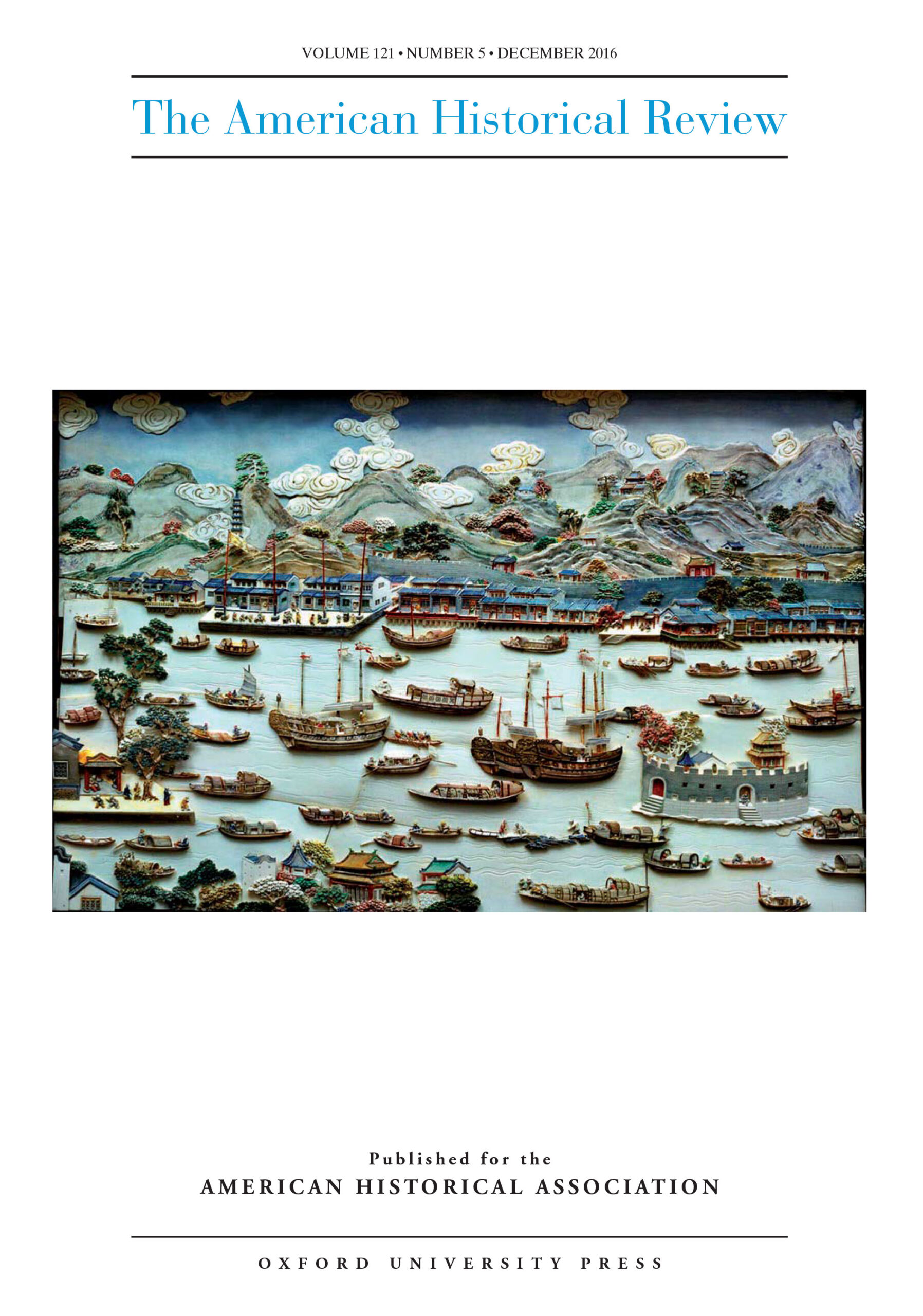 Located in Guangdong province, Canton (Guangzhou) was for many years the only port in China that was open to foreign traders. It was also the site of the events that led to the first Opium War. The city and its tiny but highly cosmopolitan foreign enclave provide one of the primary settings for Amitav Ghosh’s historical novels Sea of Poppies, River of Smoke, and Flood of Fire. Collectively known as the Ibis Trilogy, the books and their author are the subject of this issue’s AHR Roundtable, titled “History Meets Fiction in the Indian Ocean: On Amitav Ghosh’s Ibis Trilogy.” View of Canton, late eighteenth century. Ivory, paint, and gilt. Peabody Essex Museum, AE82856. Photo by M. Sexton, 2006. From “Rise & Fall of the Canton Trade System,” MIT Visualizing Cultures.