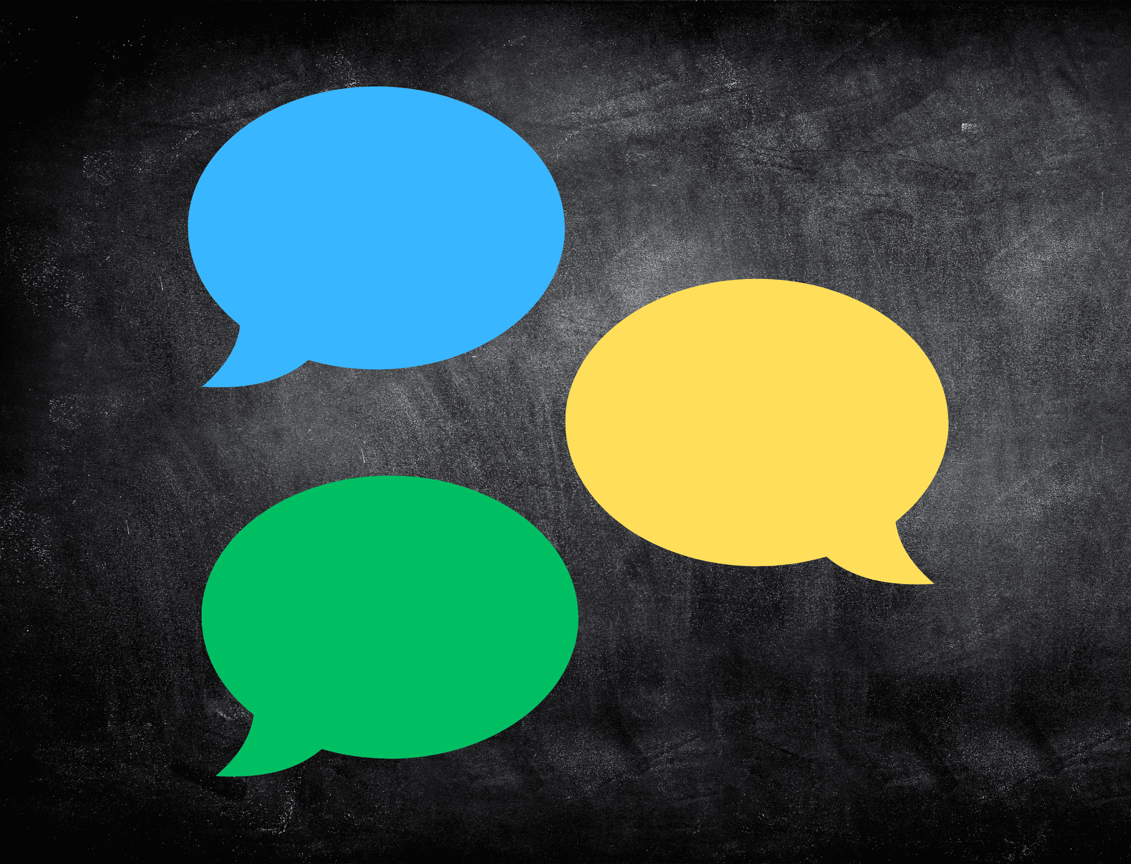 A blue speech bubble, a yellow speech bubble, and green spepech bubble