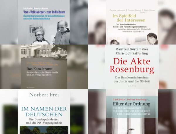 A collage of six book covers on the postwar history of West German federal ministries and their Nazi pasts.