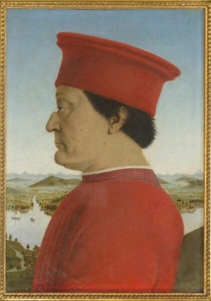 A painting of the side profile of a Duke wearing a red had and red robe
