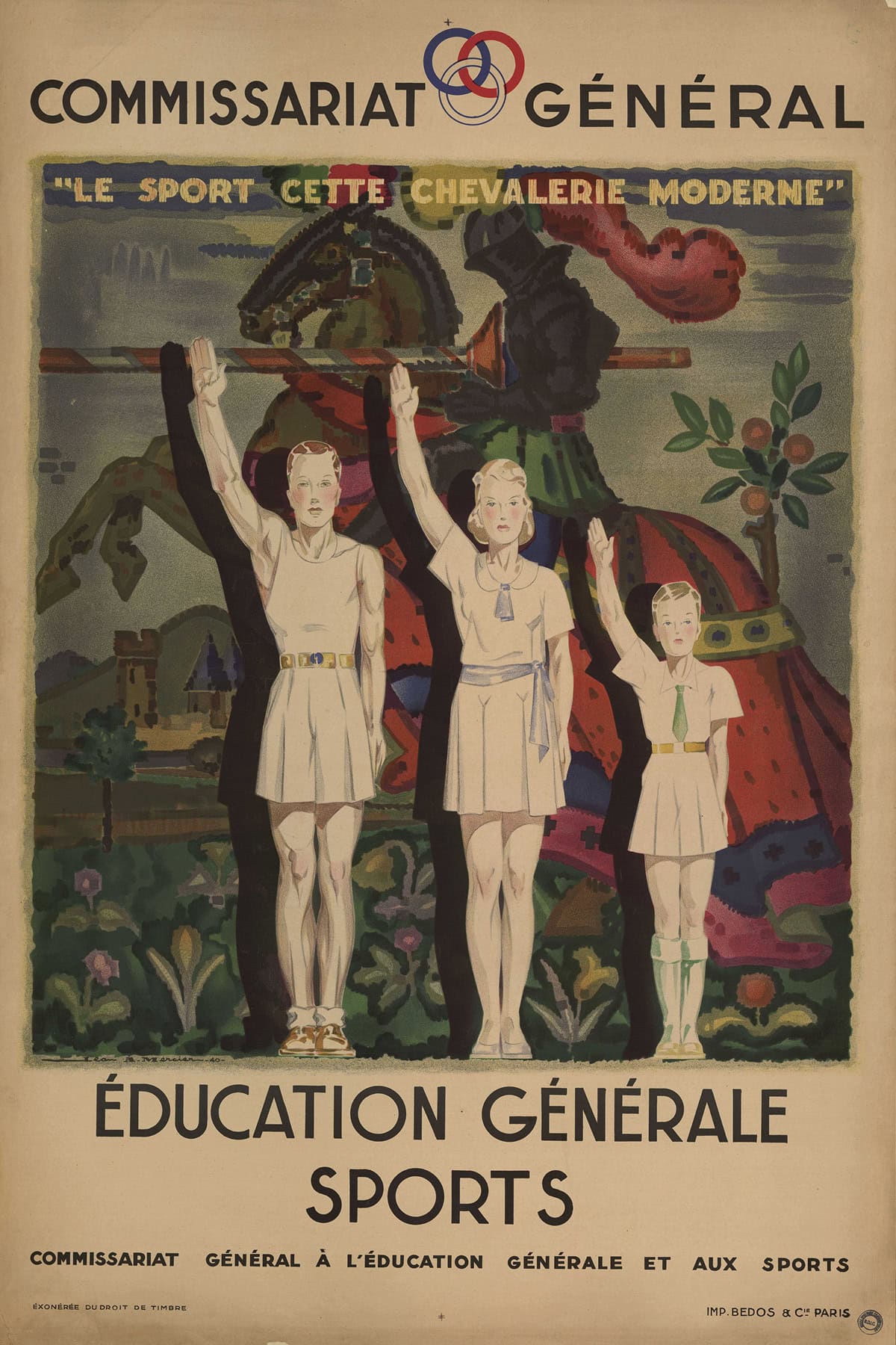 The poster shows three young people in athletic uniforms standing straight with an arm raised high in salute. Behind them is a colorful image of a medieval knight riding a horse and carrying a striped lance.