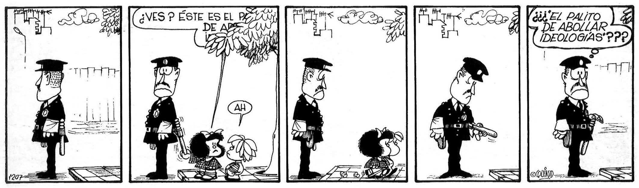 Five panels comic strip showing Mafalda, Miguelito, and the policeman. There is minimal background in each panel with just a slight sketch of buildings visible.