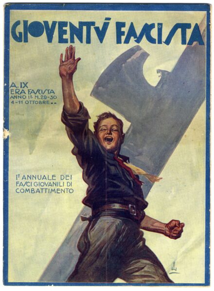 Magazine cover showing a young boy smiling with one arm raised in salute