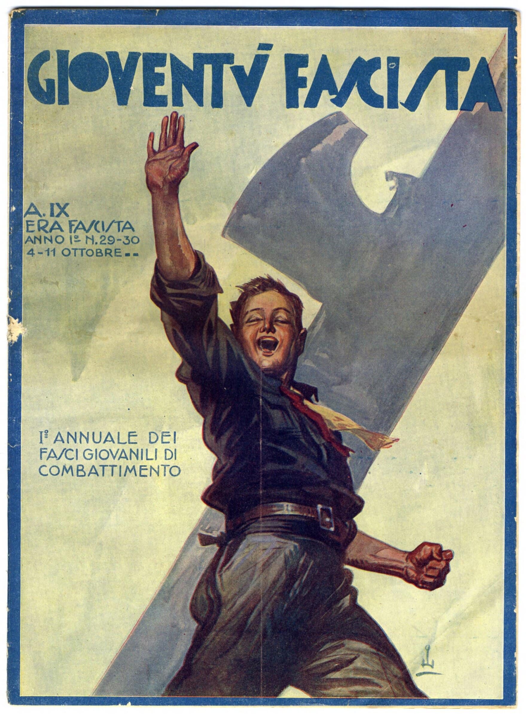 Magazine cover showing a young boy smiling with one arm raised in salute