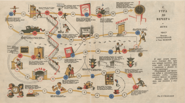 The board game shows a winding path the player can navigate along as they advance in the game, with 50 different spots noted, along with picture illustrations of each spot. The text is in Russian and the author has supplied English translations for some of the instructions, such as “Putting dishes away,” “Taking someone’s wallet and realizing ‘It’s shameful. It’s a lie.’ Taking it to the police or it costs 3 turns,” and “Acting like a Timurovite (children’s volunteering movement) and chopping wood to help others.”
