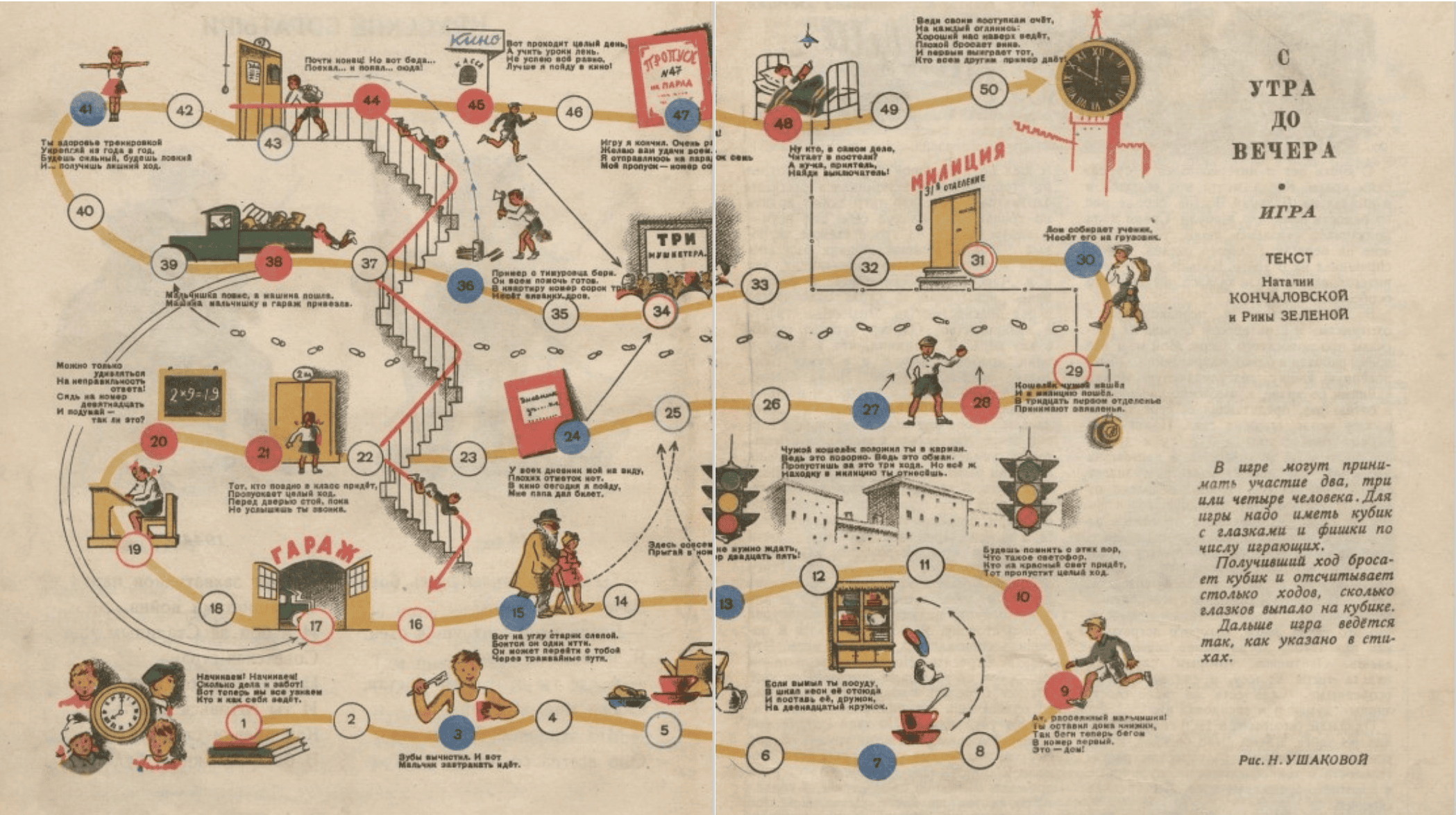 The board game shows a winding path the player can navigate along as they advance in the game, with 50 different spots noted, along with picture illustrations of each spot. The text is in Russian and the author has supplied English translations for some of the instructions, such as “Putting dishes away,” “Taking someone’s wallet and realizing ‘It’s shameful. It’s a lie.’ Taking it to the police or it costs 3 turns,” and “Acting like a Timurovite (children’s volunteering movement) and chopping wood to help others.”
