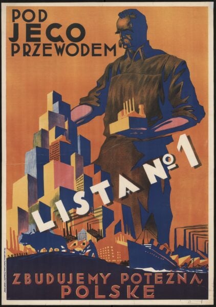 The poster features a large towering figure over a group of buildings. At the bottom, there is a boat, and a man and ox pulling a plow.