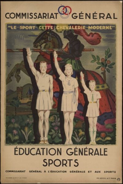 The poster shows three young people in athletic uniforms standing straight with an arm raised high in salute. Behind them in a colorful image of a medieval knight riding a horse and carrying a striped lance.