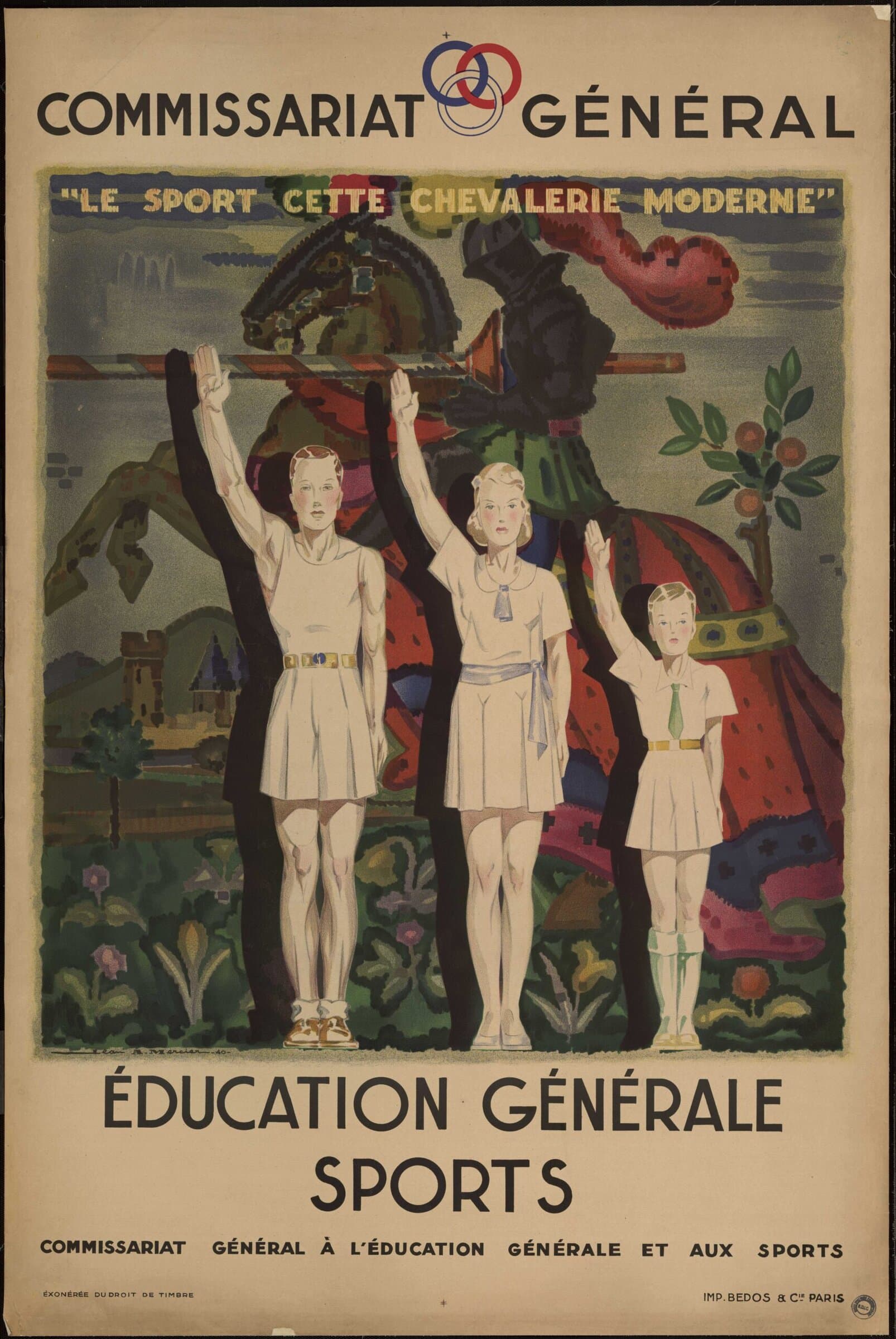 The poster shows three young people in athletic uniforms standing straight with an arm raised high in salute. Behind them in a colorful image of a medieval knight riding a horse and carrying a striped lance.