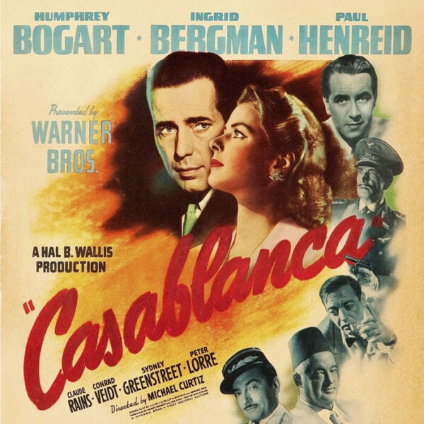 The movie poster shows "Casblanca" written across the center. The main actors names--Humphry Bogart, Ingrid Bergman, and Paul Henreid-- are listed across the top. Headshots of the characters are placed across the poster. 
