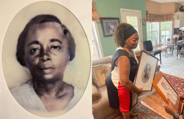 This image features two parts. The left side shows an old, oval-framed portrait of a Black woman with a neutral expression. On the right, in a living room, a Black woman holds the same portrait along with another frame