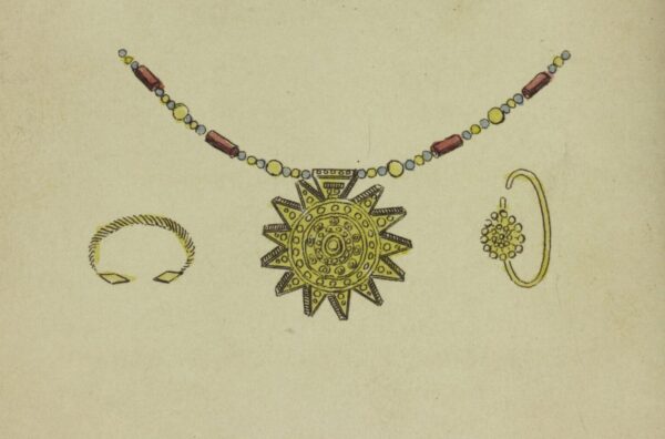 Illustration of a bare-chested African woman above an ornamental gold necklace