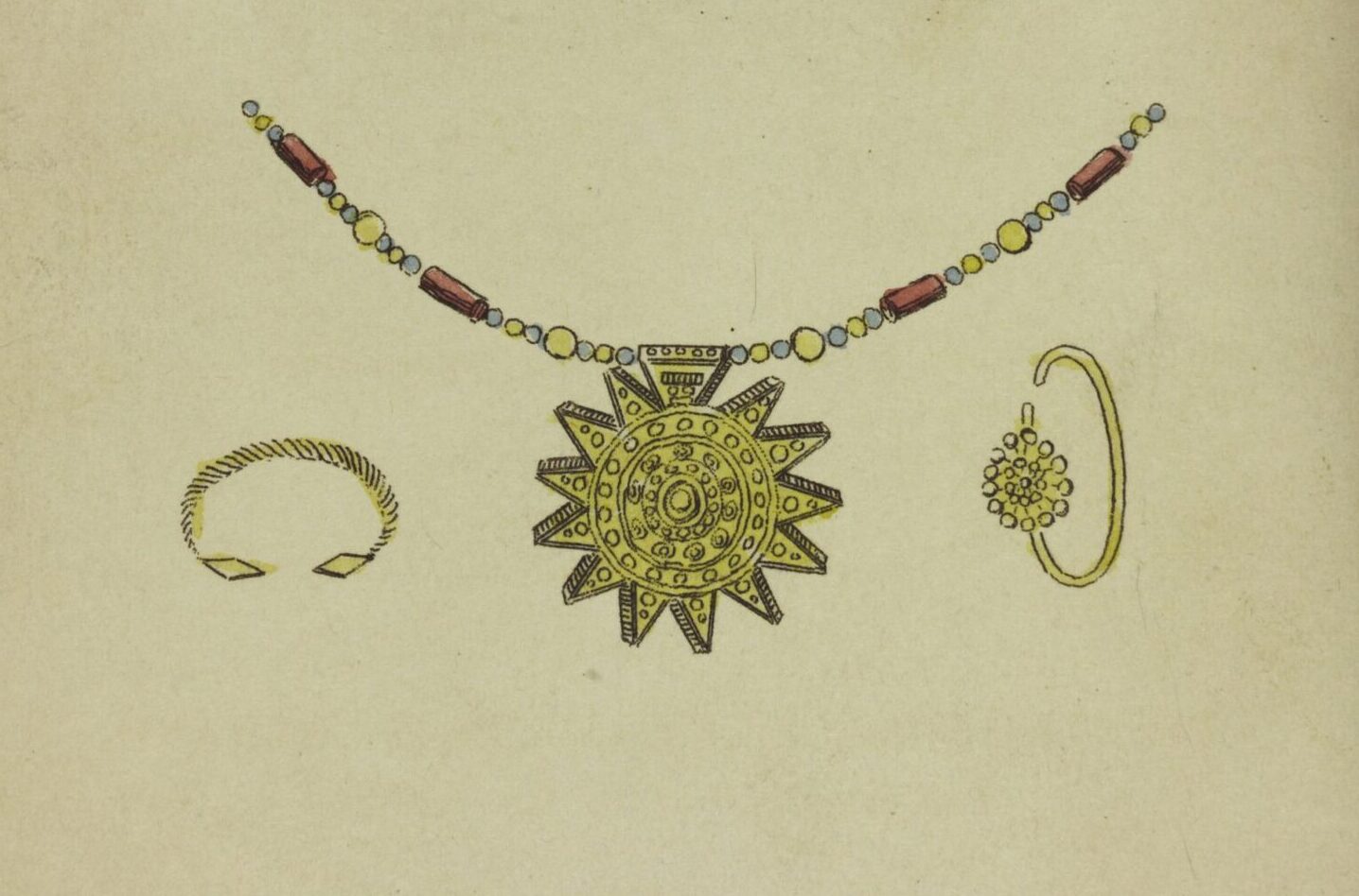 Illustration of a bare-chested African woman above an ornamental gold necklace